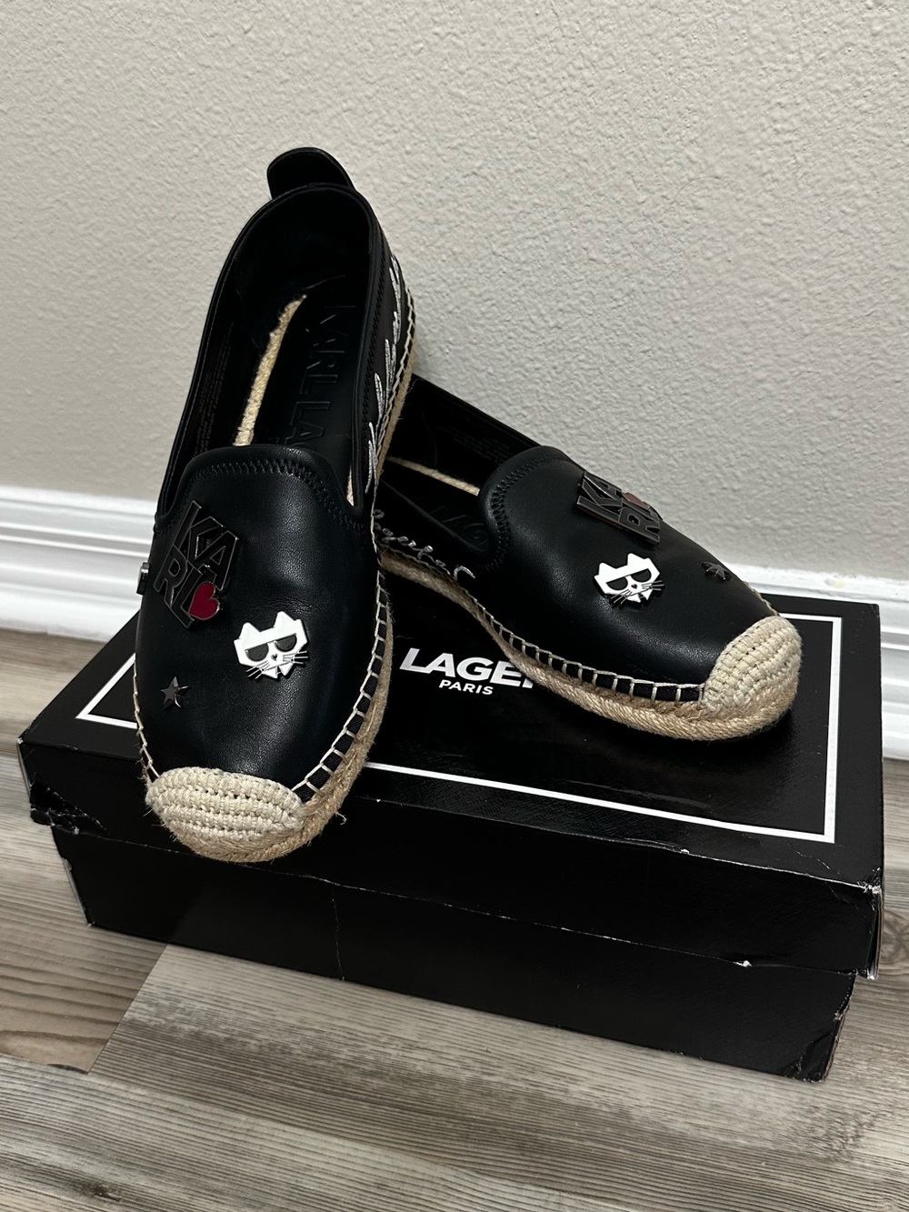 Karl Lagerfeld- Michaela leather pin slip-on flat espadrille
